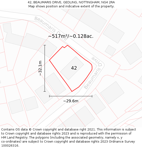 42, BEAUMARIS DRIVE, GEDLING, NOTTINGHAM, NG4 2RA: Plot and title map