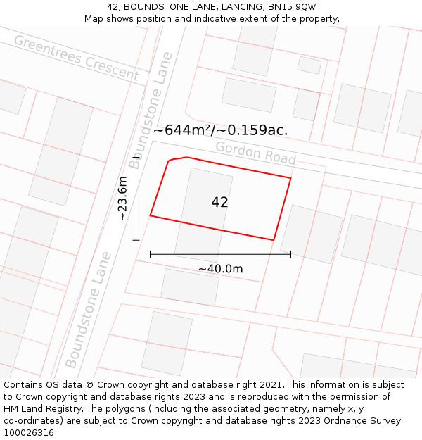 42, BOUNDSTONE LANE, LANCING, BN15 9QW: Plot and title map