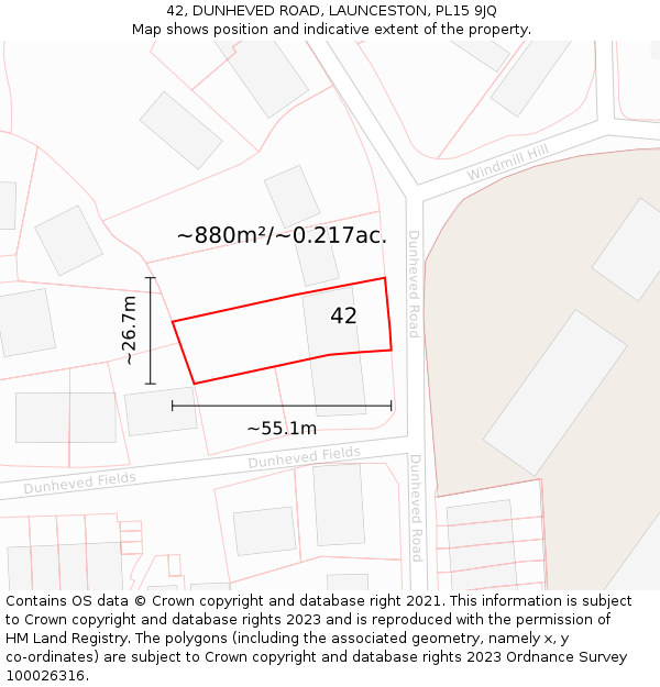 42, DUNHEVED ROAD, LAUNCESTON, PL15 9JQ: Plot and title map