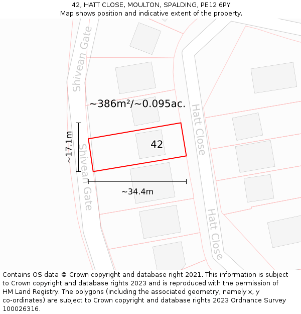 42, HATT CLOSE, MOULTON, SPALDING, PE12 6PY: Plot and title map