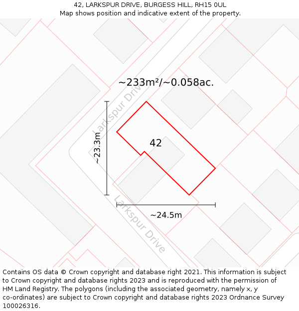 42, LARKSPUR DRIVE, BURGESS HILL, RH15 0UL: Plot and title map