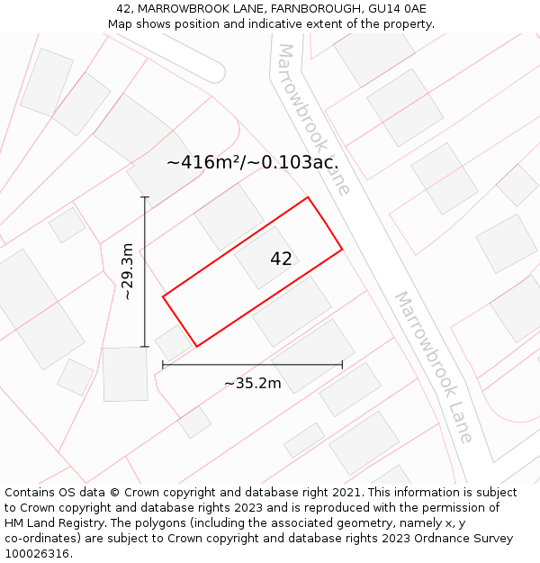 42, MARROWBROOK LANE, FARNBOROUGH, GU14 0AE: Plot and title map