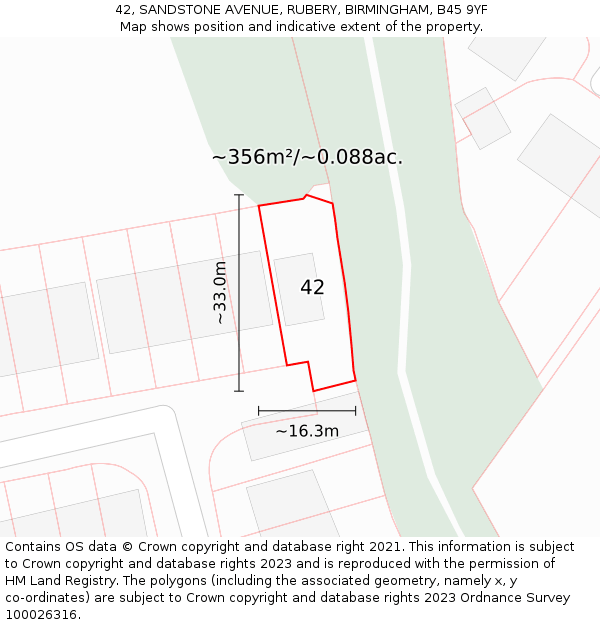 42, SANDSTONE AVENUE, RUBERY, BIRMINGHAM, B45 9YF: Plot and title map