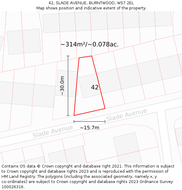 42, SLADE AVENUE, BURNTWOOD, WS7 2EL: Plot and title map