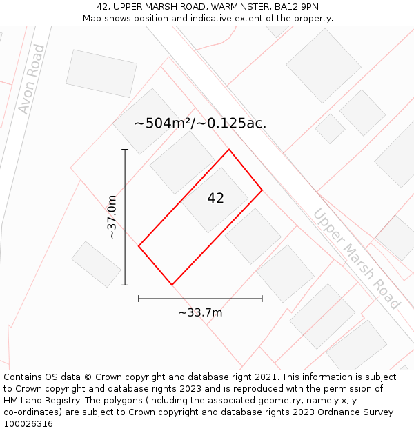 42, UPPER MARSH ROAD, WARMINSTER, BA12 9PN: Plot and title map