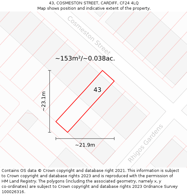 43, COSMESTON STREET, CARDIFF, CF24 4LQ: Plot and title map