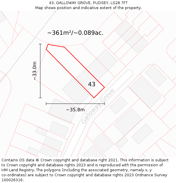 43, GALLOWAY GROVE, PUDSEY, LS28 7FT: Plot and title map