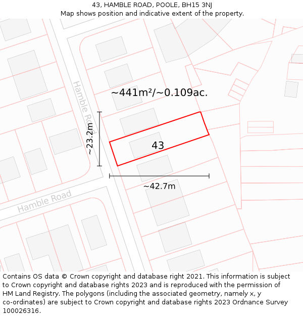 43, HAMBLE ROAD, POOLE, BH15 3NJ: Plot and title map