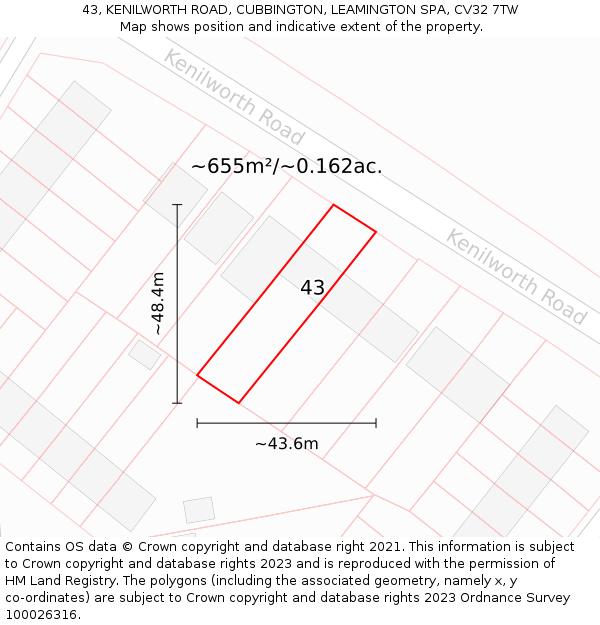 43, KENILWORTH ROAD, CUBBINGTON, LEAMINGTON SPA, CV32 7TW: Plot and title map