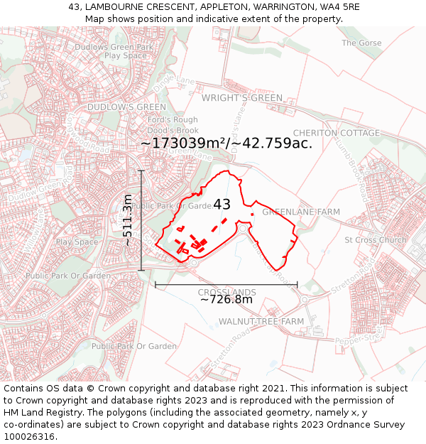 43, LAMBOURNE CRESCENT, APPLETON, WARRINGTON, WA4 5RE: Plot and title map