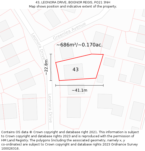 43, LEONORA DRIVE, BOGNOR REGIS, PO21 3NH: Plot and title map