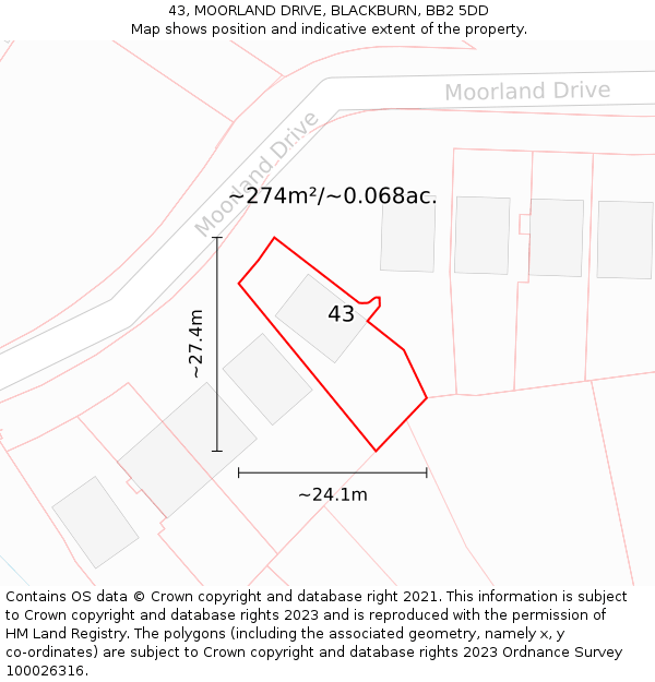 43, MOORLAND DRIVE, BLACKBURN, BB2 5DD: Plot and title map