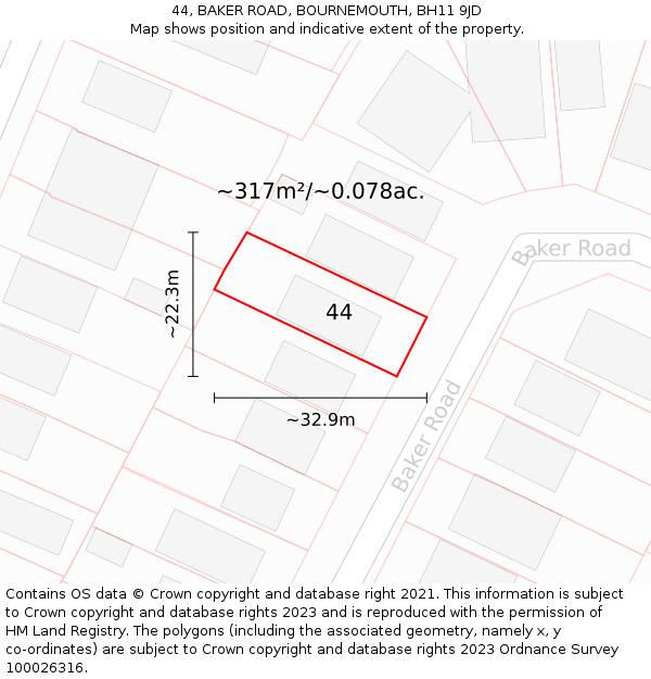 44, BAKER ROAD, BOURNEMOUTH, BH11 9JD: Plot and title map