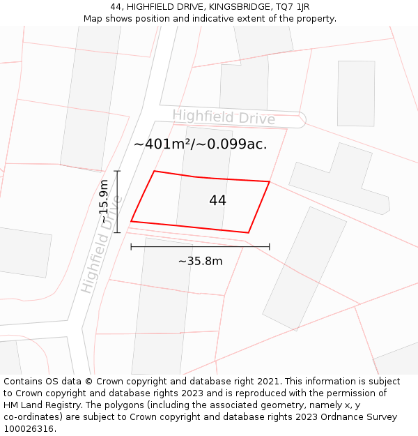 44, HIGHFIELD DRIVE, KINGSBRIDGE, TQ7 1JR: Plot and title map