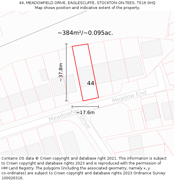 44, MEADOWFIELD DRIVE, EAGLESCLIFFE, STOCKTON-ON-TEES, TS16 0HQ: Plot and title map