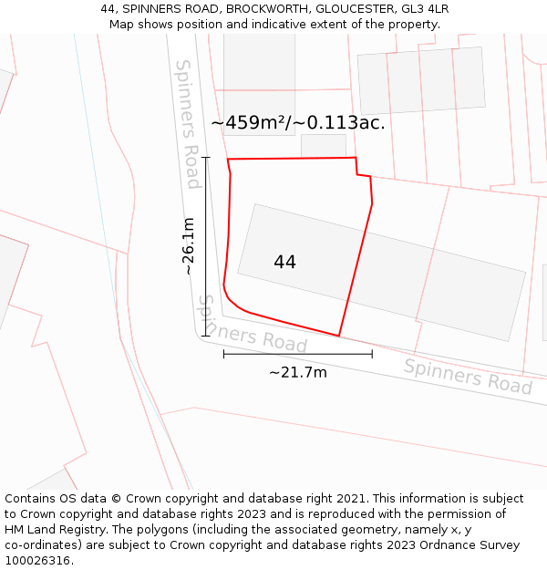 44, SPINNERS ROAD, BROCKWORTH, GLOUCESTER, GL3 4LR: Plot and title map