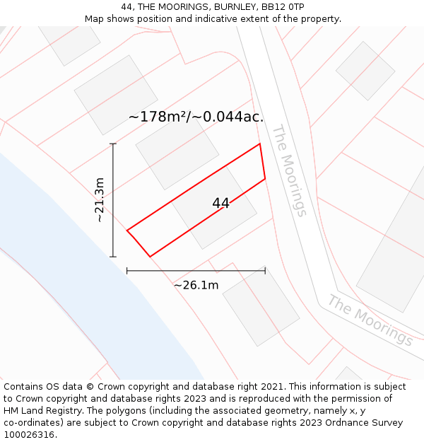 44, THE MOORINGS, BURNLEY, BB12 0TP: Plot and title map