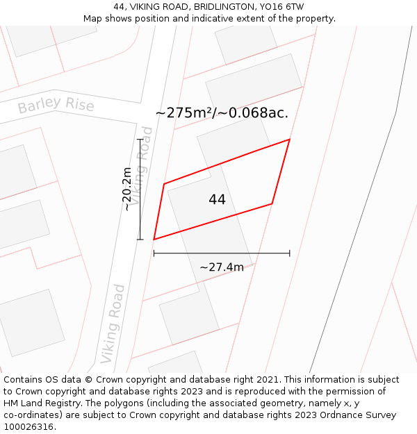 44, VIKING ROAD, BRIDLINGTON, YO16 6TW: Plot and title map