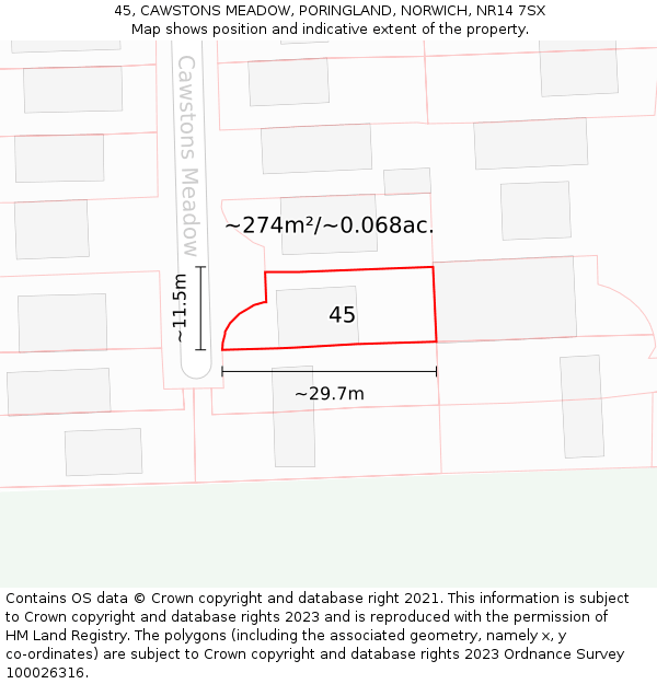 45, CAWSTONS MEADOW, PORINGLAND, NORWICH, NR14 7SX: Plot and title map