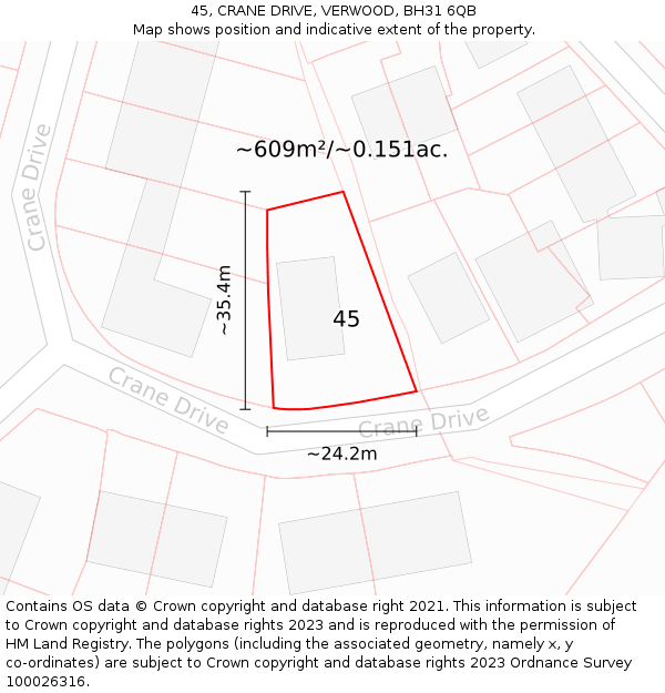 45, CRANE DRIVE, VERWOOD, BH31 6QB: Plot and title map