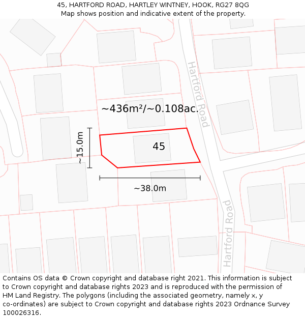 45, HARTFORD ROAD, HARTLEY WINTNEY, HOOK, RG27 8QG: Plot and title map