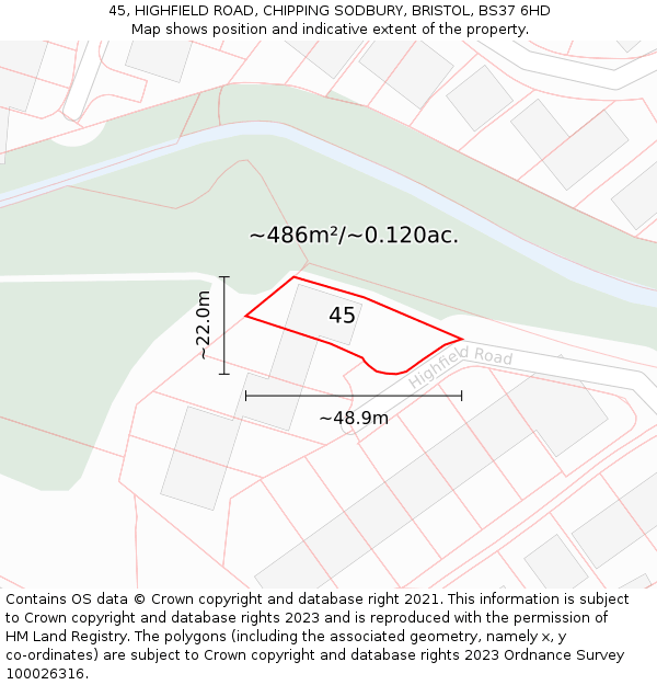 45, HIGHFIELD ROAD, CHIPPING SODBURY, BRISTOL, BS37 6HD: Plot and title map