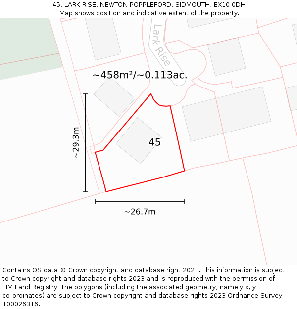 45, LARK RISE, NEWTON POPPLEFORD, SIDMOUTH, EX10 0DH: Plot and title map