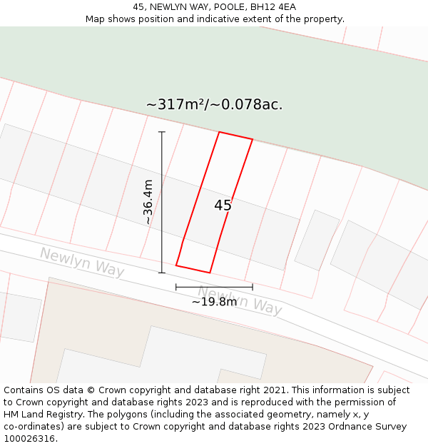 45, NEWLYN WAY, POOLE, BH12 4EA: Plot and title map