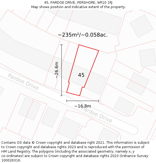 45, PARDOE DRIVE, PERSHORE, WR10 1RJ: Plot and title map