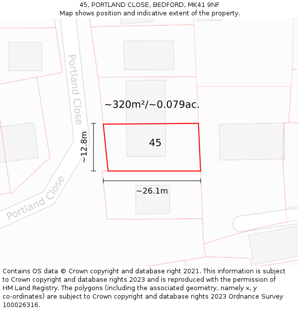 45, PORTLAND CLOSE, BEDFORD, MK41 9NF: Plot and title map