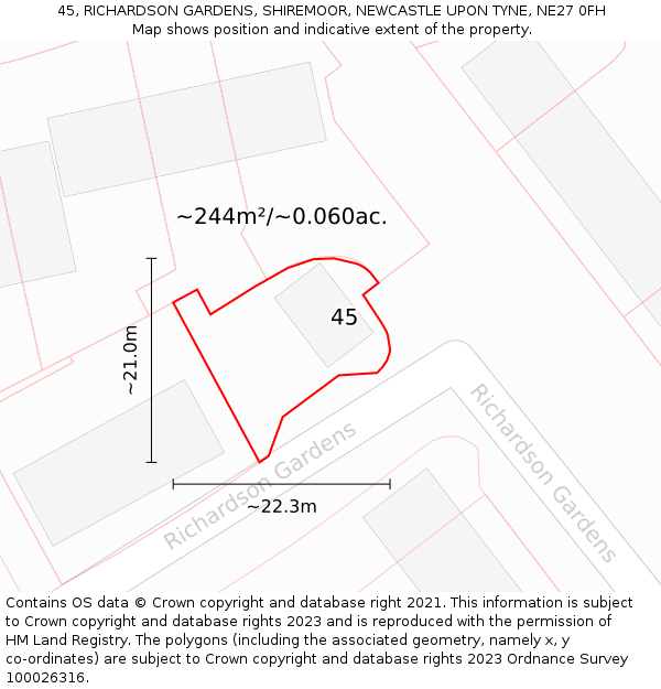 45, RICHARDSON GARDENS, SHIREMOOR, NEWCASTLE UPON TYNE, NE27 0FH: Plot and title map