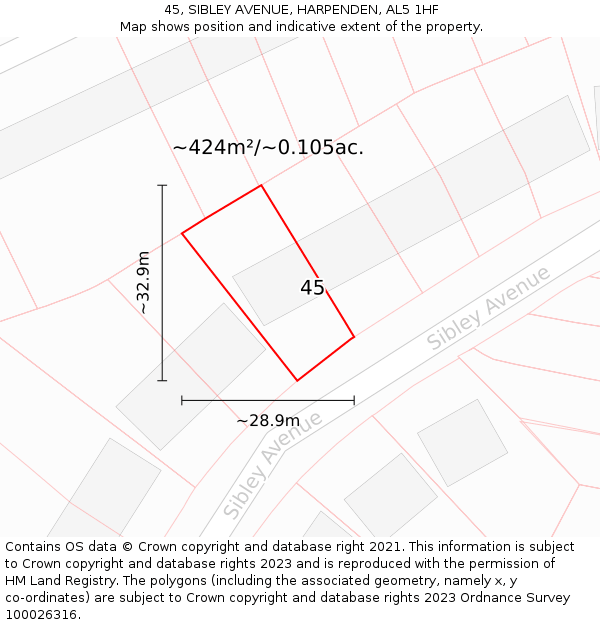 45, SIBLEY AVENUE, HARPENDEN, AL5 1HF: Plot and title map