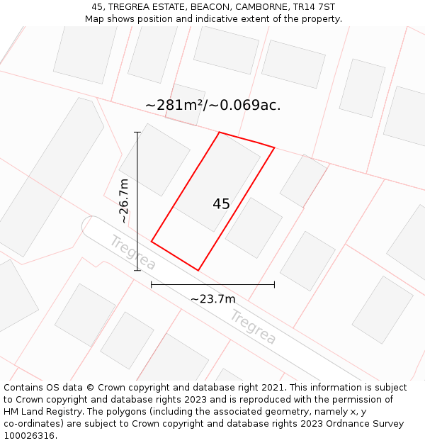 45, TREGREA ESTATE, BEACON, CAMBORNE, TR14 7ST: Plot and title map