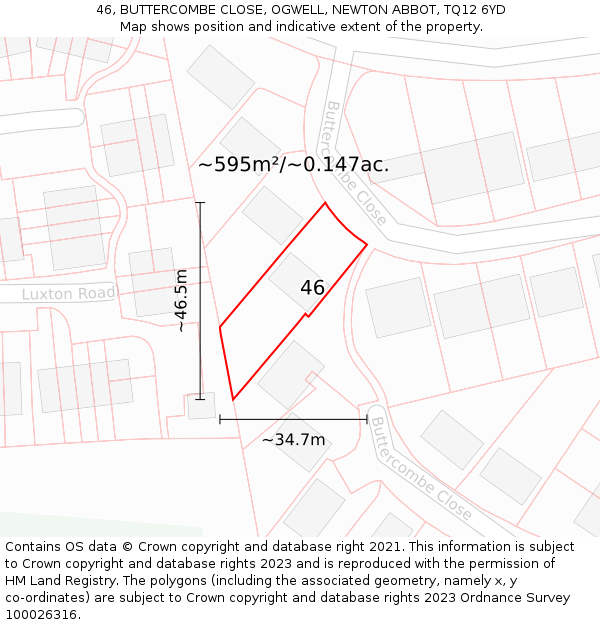 46, BUTTERCOMBE CLOSE, OGWELL, NEWTON ABBOT, TQ12 6YD: Plot and title map