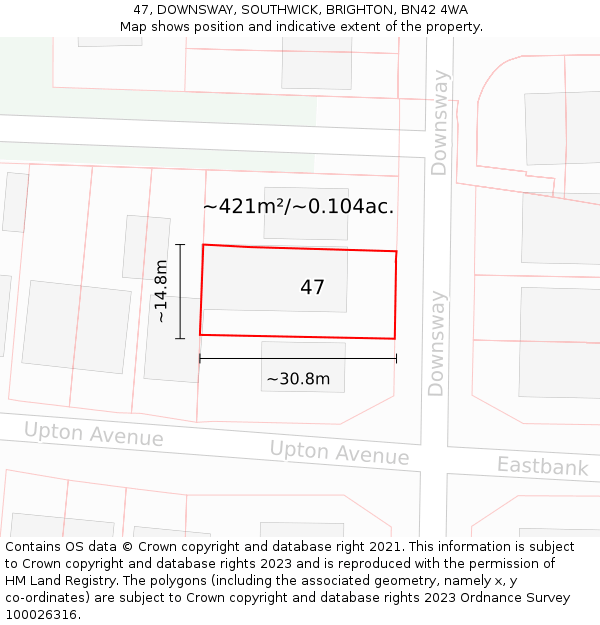 47, DOWNSWAY, SOUTHWICK, BRIGHTON, BN42 4WA: Plot and title map