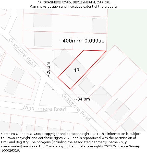 47, GRASMERE ROAD, BEXLEYHEATH, DA7 6PL: Plot and title map