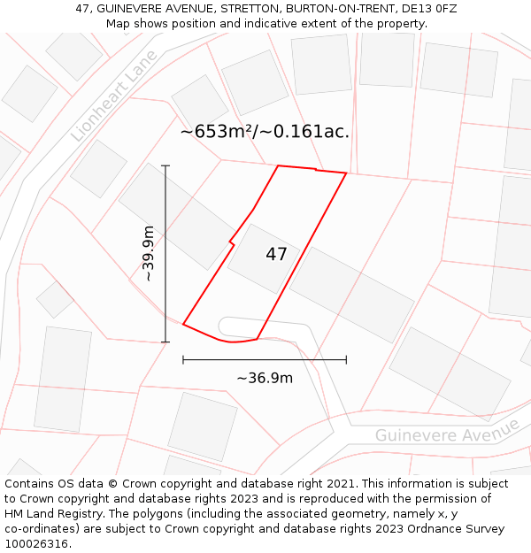 47, GUINEVERE AVENUE, STRETTON, BURTON-ON-TRENT, DE13 0FZ: Plot and title map