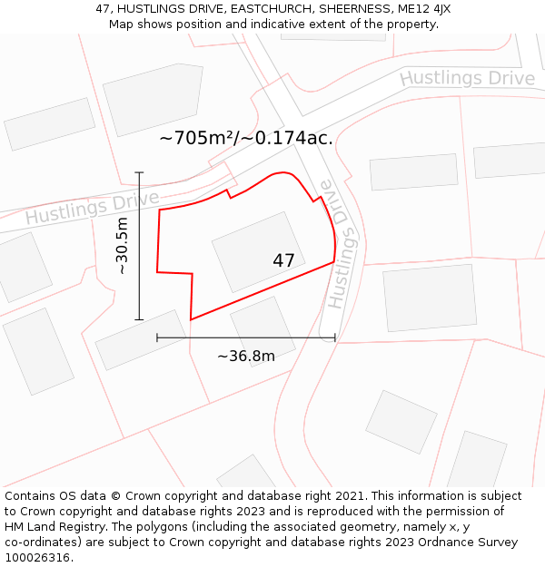 47, HUSTLINGS DRIVE, EASTCHURCH, SHEERNESS, ME12 4JX: Plot and title map