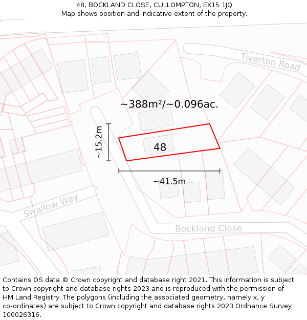 48, BOCKLAND CLOSE, CULLOMPTON, EX15 1JQ: Plot and title map