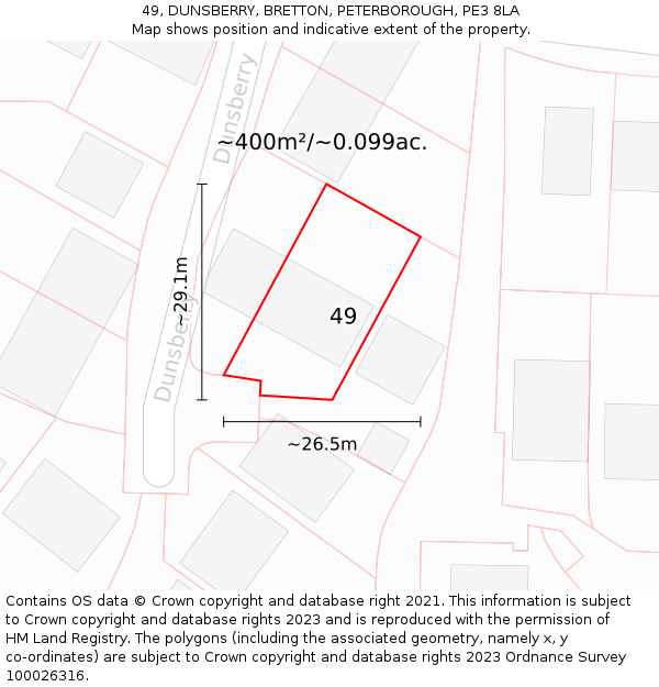 49, DUNSBERRY, BRETTON, PETERBOROUGH, PE3 8LA: Plot and title map