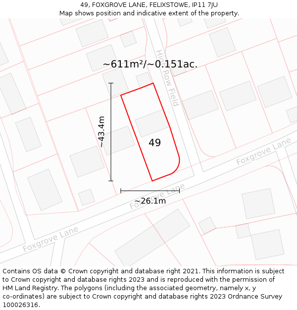 49, FOXGROVE LANE, FELIXSTOWE, IP11 7JU: Plot and title map