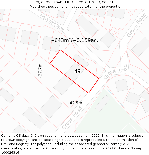 49, GROVE ROAD, TIPTREE, COLCHESTER, CO5 0JL: Plot and title map