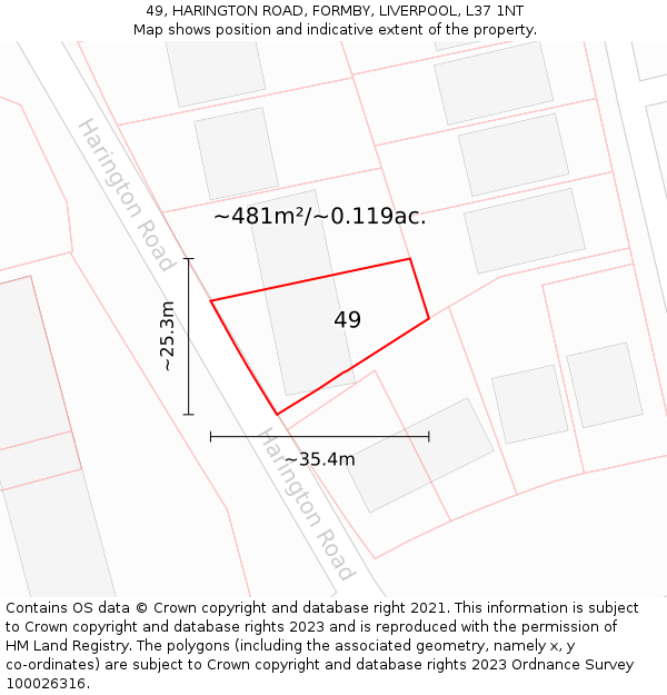 49, HARINGTON ROAD, FORMBY, LIVERPOOL, L37 1NT: Plot and title map