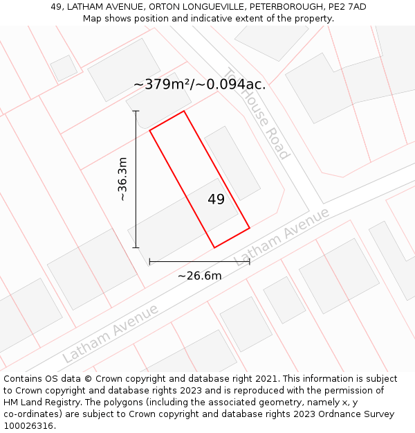 49, LATHAM AVENUE, ORTON LONGUEVILLE, PETERBOROUGH, PE2 7AD: Plot and title map