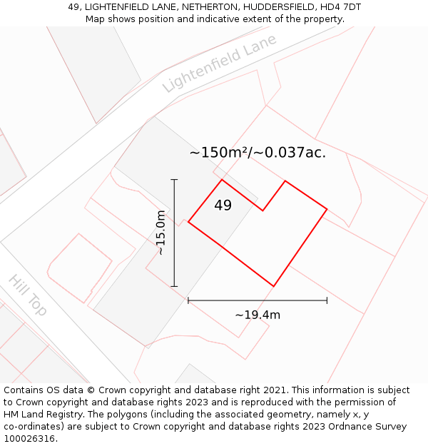 49, LIGHTENFIELD LANE, NETHERTON, HUDDERSFIELD, HD4 7DT: Plot and title map