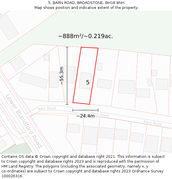 5, BARN ROAD, BROADSTONE, BH18 8NH: Plot and title map