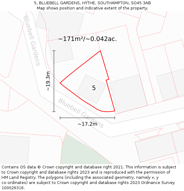 5, BLUEBELL GARDENS, HYTHE, SOUTHAMPTON, SO45 3AB: Plot and title map