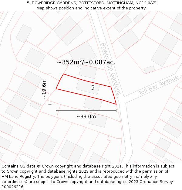 5, BOWBRIDGE GARDENS, BOTTESFORD, NOTTINGHAM, NG13 0AZ: Plot and title map