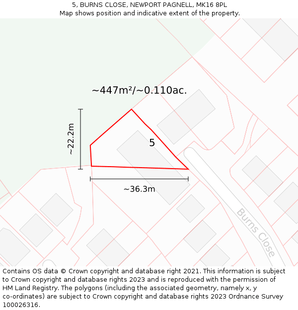 5, BURNS CLOSE, NEWPORT PAGNELL, MK16 8PL: Plot and title map