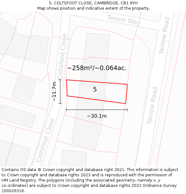 5, COLTSFOOT CLOSE, CAMBRIDGE, CB1 9YH: Plot and title map